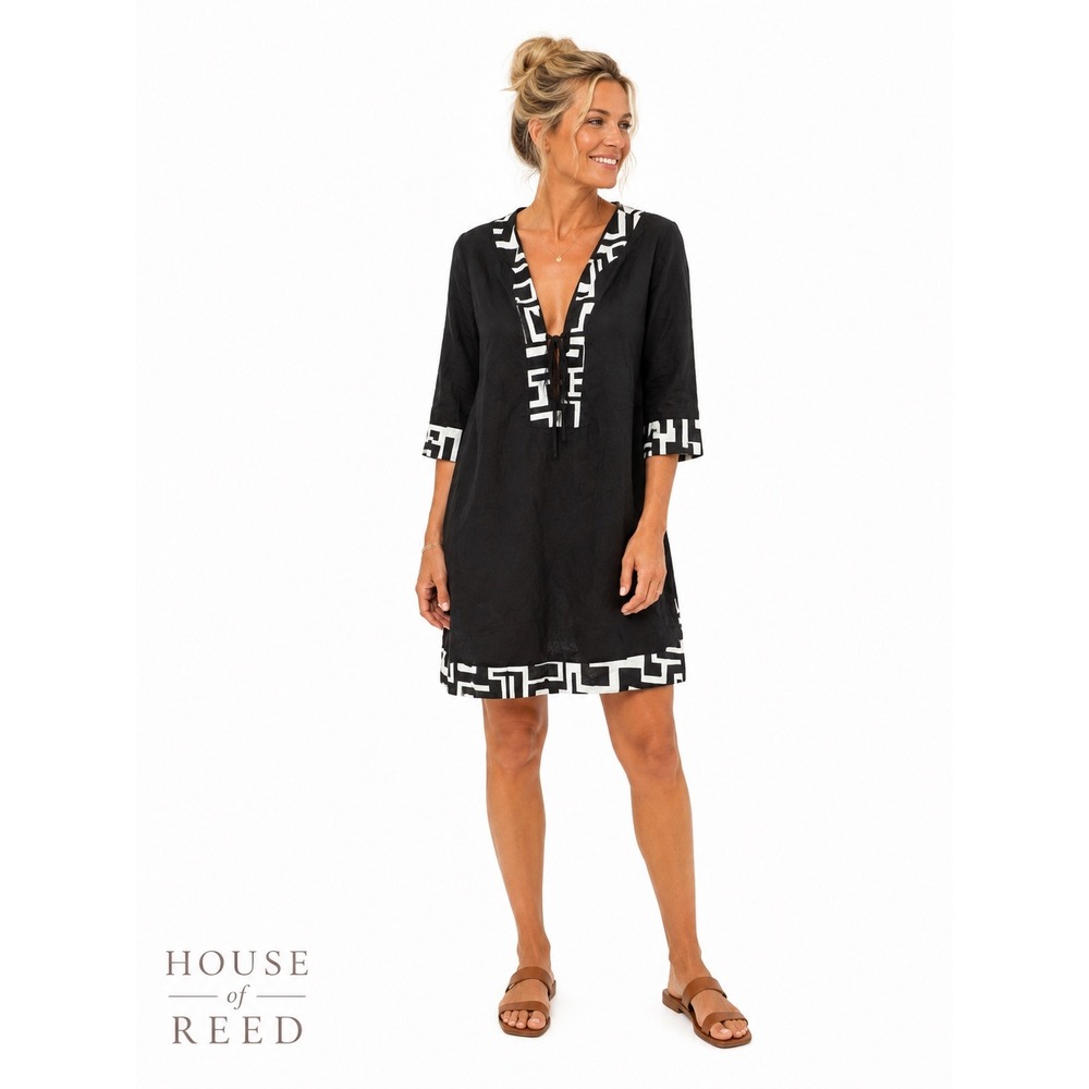 La Blanca by Rod Beattie Black White Geometric Tunic Swim Cover Up Dress Women